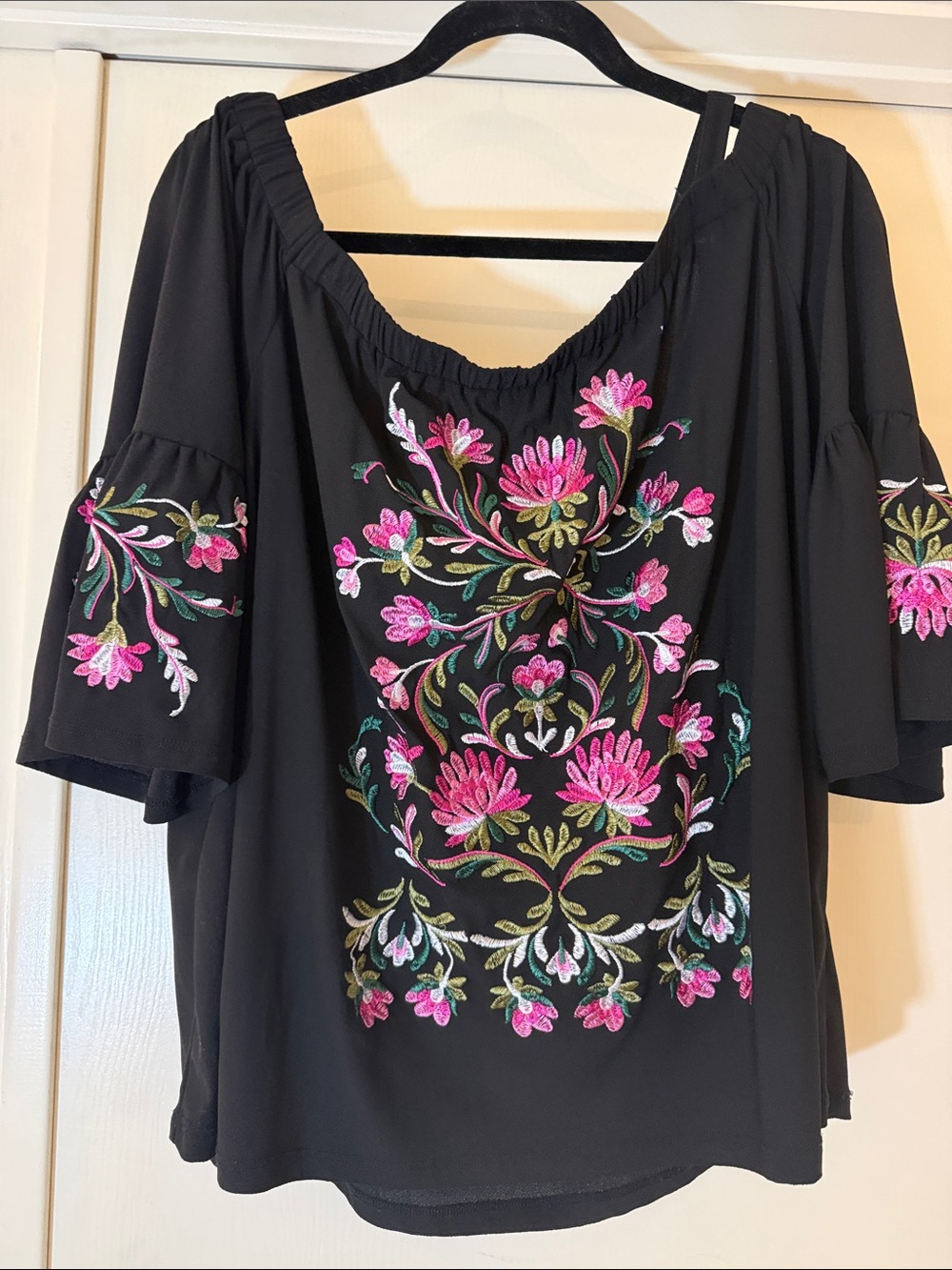 INC International Concepts Black Off-Shoulder Blouse with Pink Floral Embroidery